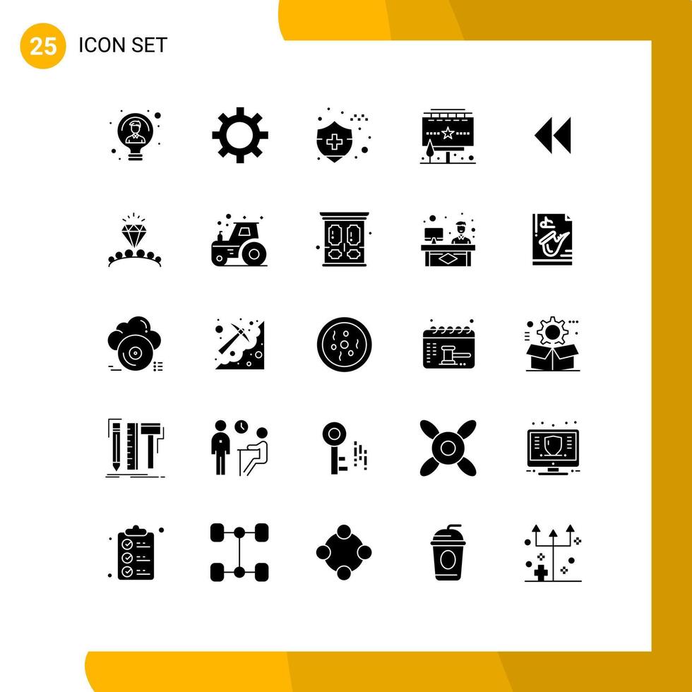 25 ensemble de glyphes solides universels pour les applications Web et mobiles revind control publicité de panneau d'affichage d'assurance automobile éléments de conception vectoriels modifiables vecteur