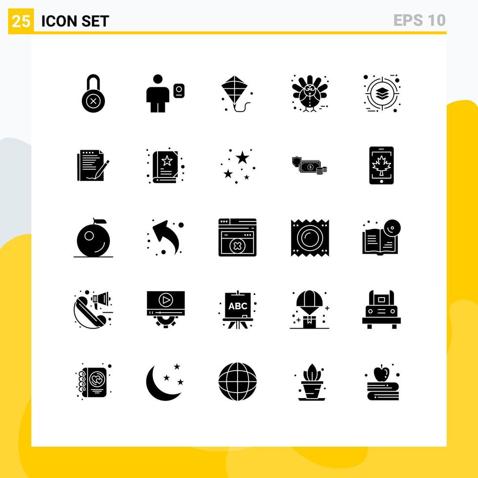 interface mobile glyphe solide ensemble de 25 pictogrammes d'éléments de conception vectoriels modifiables de vacances de cerf-volant d'affaires de gestion vecteur
