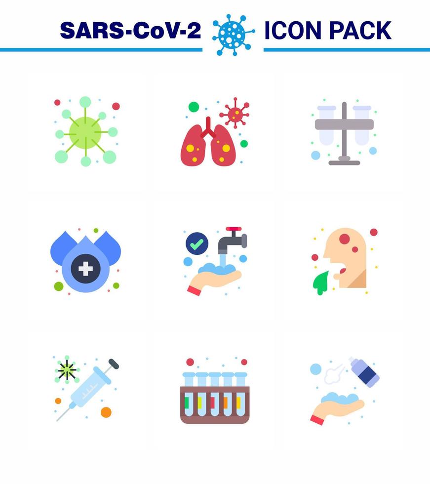 nouveau coronavirus 2019ncov 9 pack d'icônes de couleur plate mains test de l'eau tubes de goutte coronavirus viral 2019nov éléments de conception de vecteur de maladie