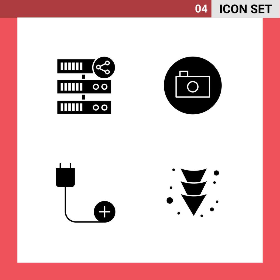 groupe de 4 glyphes solides modernes définis pour l'hébergement ajouter des éléments de conception vectoriels modifiables de cordon multimédia de serveur vecteur