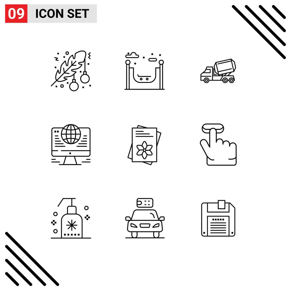 ensemble moderne de 9 contours et symboles tels que des éléments de conception vectoriels modifiables de rouleau de connexion de camion de globe de graines vecteur