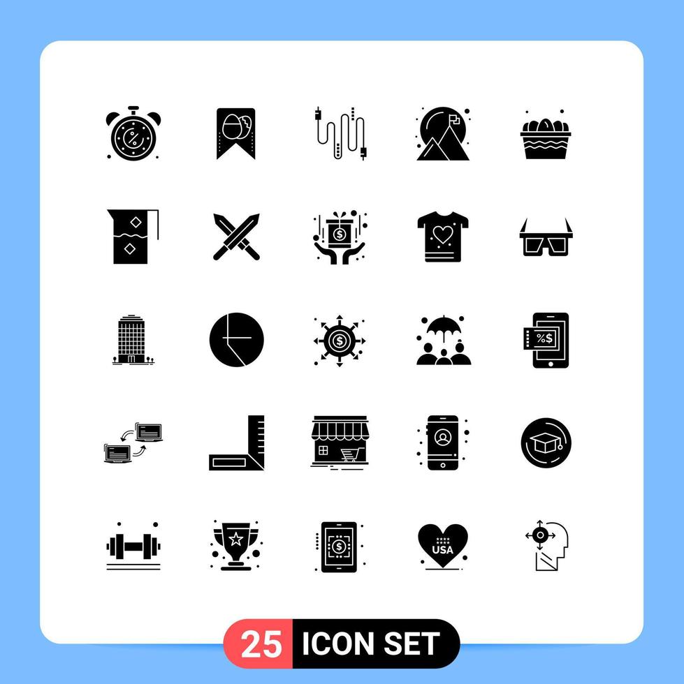 interface mobile ensemble de glyphes solides de 25 pictogrammes d'oeuf succès objectif audio atteint éléments de conception vectoriels modifiables vecteur