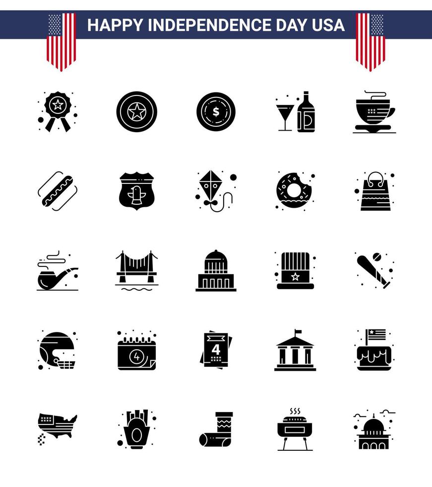 gros pack de 25 usa joyeux jour de l'indépendance usa vecteur glyphe solide et symboles modifiables de tasse verre bouteille américaine vin modifiable usa day vector design elements