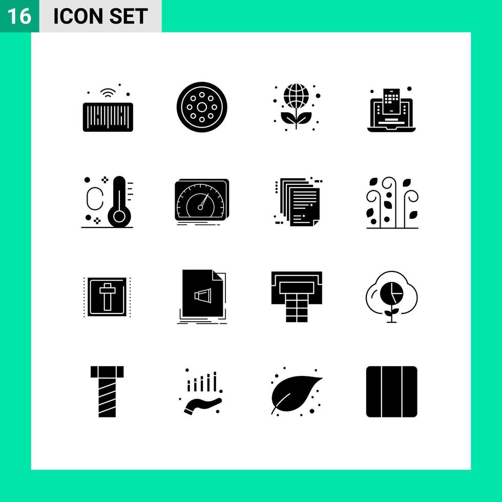 interface mobile glyphe solide ensemble de 16 pictogrammes de thermomètre vacances blogging smart blogger science éléments de conception vectoriels modifiables vecteur