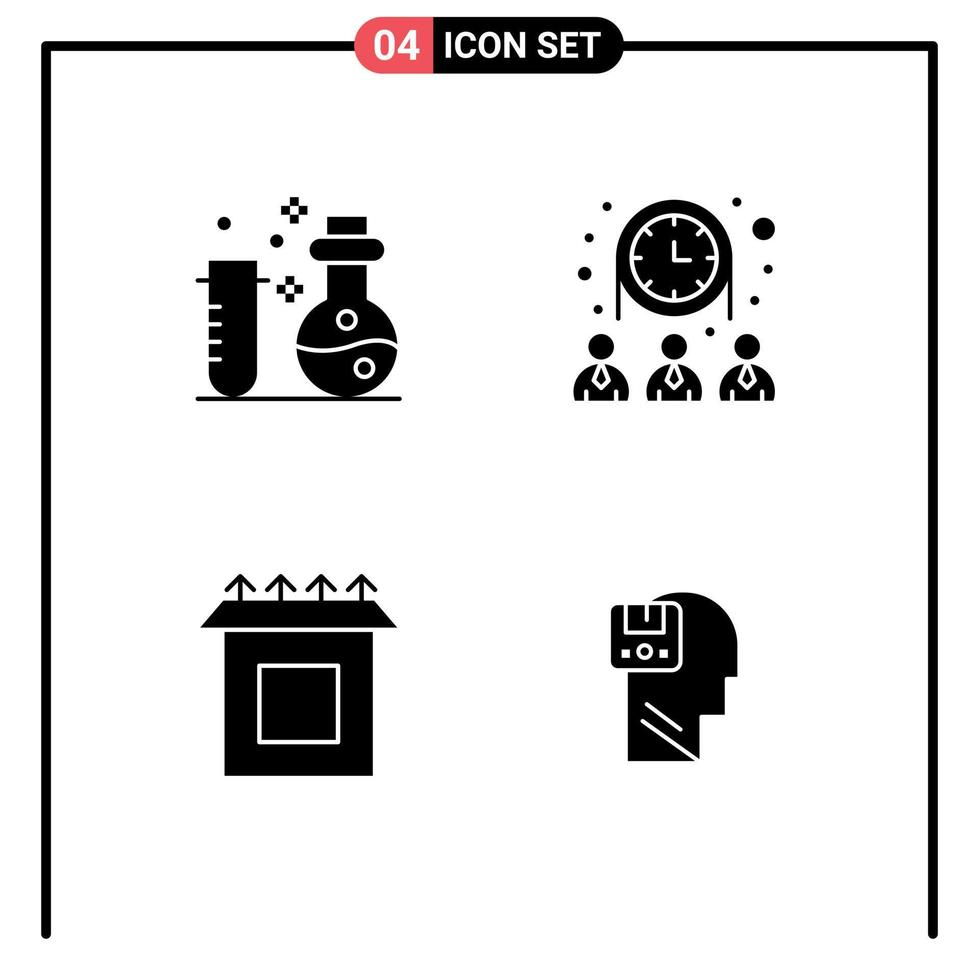 ensemble moderne de 4 pictogrammes de glyphes solides de chimie installent des éléments de conception vectoriels modifiables de la mémoire de l'équipe scientifique vecteur