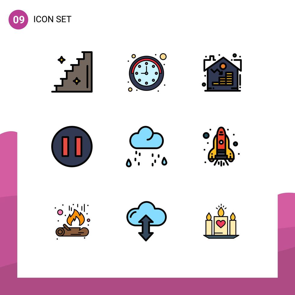 interface mobile filledline couleur plate ensemble de 9 pictogrammes d'éléments de conception vectoriels modifiables de nuage de temps réel de pluie de fusée vecteur