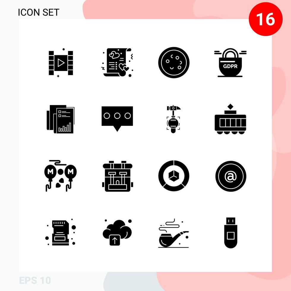 pack vectoriel de 16 icônes dans un pack de glyphes créatifs de style solide isolé sur fond blanc pour le web et mobile