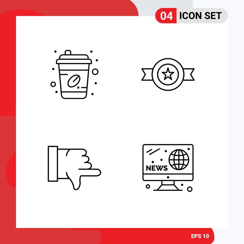 ensemble de pictogrammes de 4 couleurs plates remplies simples de café pouces vers le bas médaille à emporter passe-temps éléments de conception vectoriels modifiables vecteur
