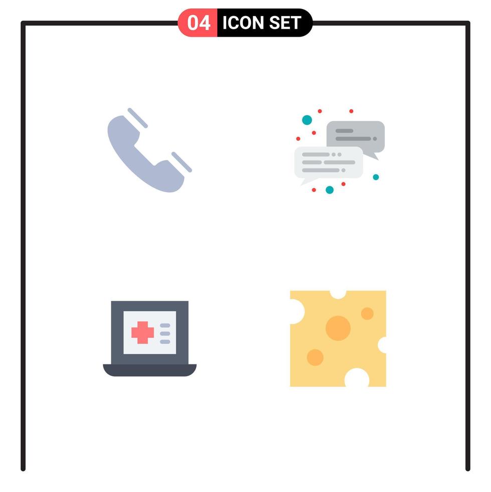 pictogramme ensemble de 4 icônes plates simples d'appel médical téléphone chat fromage éléments de conception vectoriels modifiables vecteur