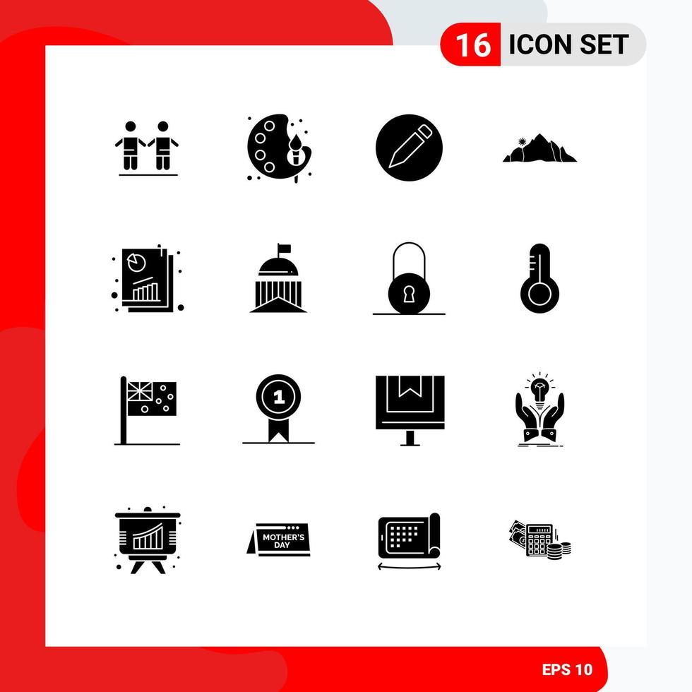 interface mobile glyphe solide ensemble de 16 pictogrammes d'éléments de conception vectoriels modifiables de paysage de montagne de base de scène de rapport vecteur