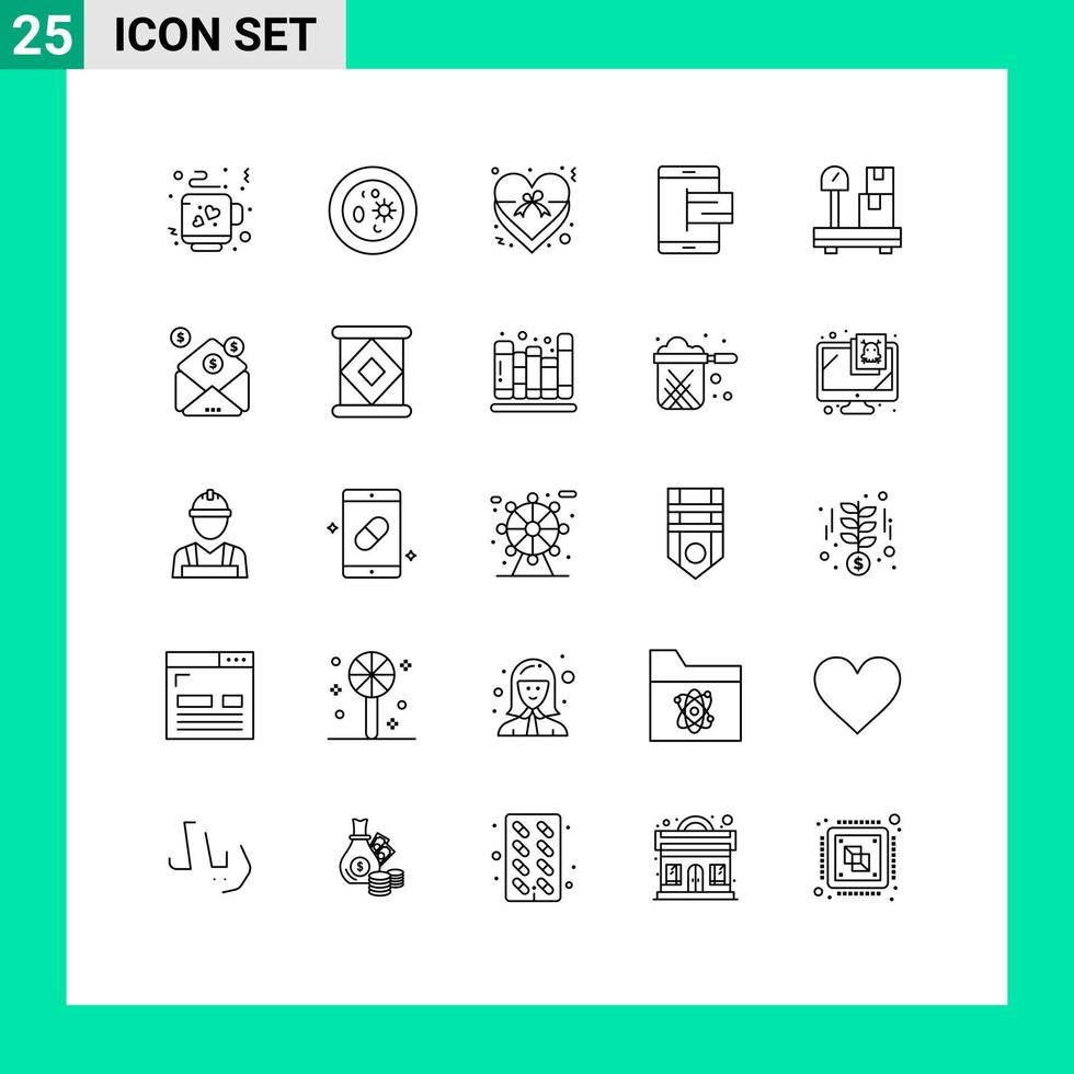 ensemble de 25 lignes vectorielles sur la grille pour les éléments de conception vectoriels modifiables de commerce mobile coeur en ligne vecteur