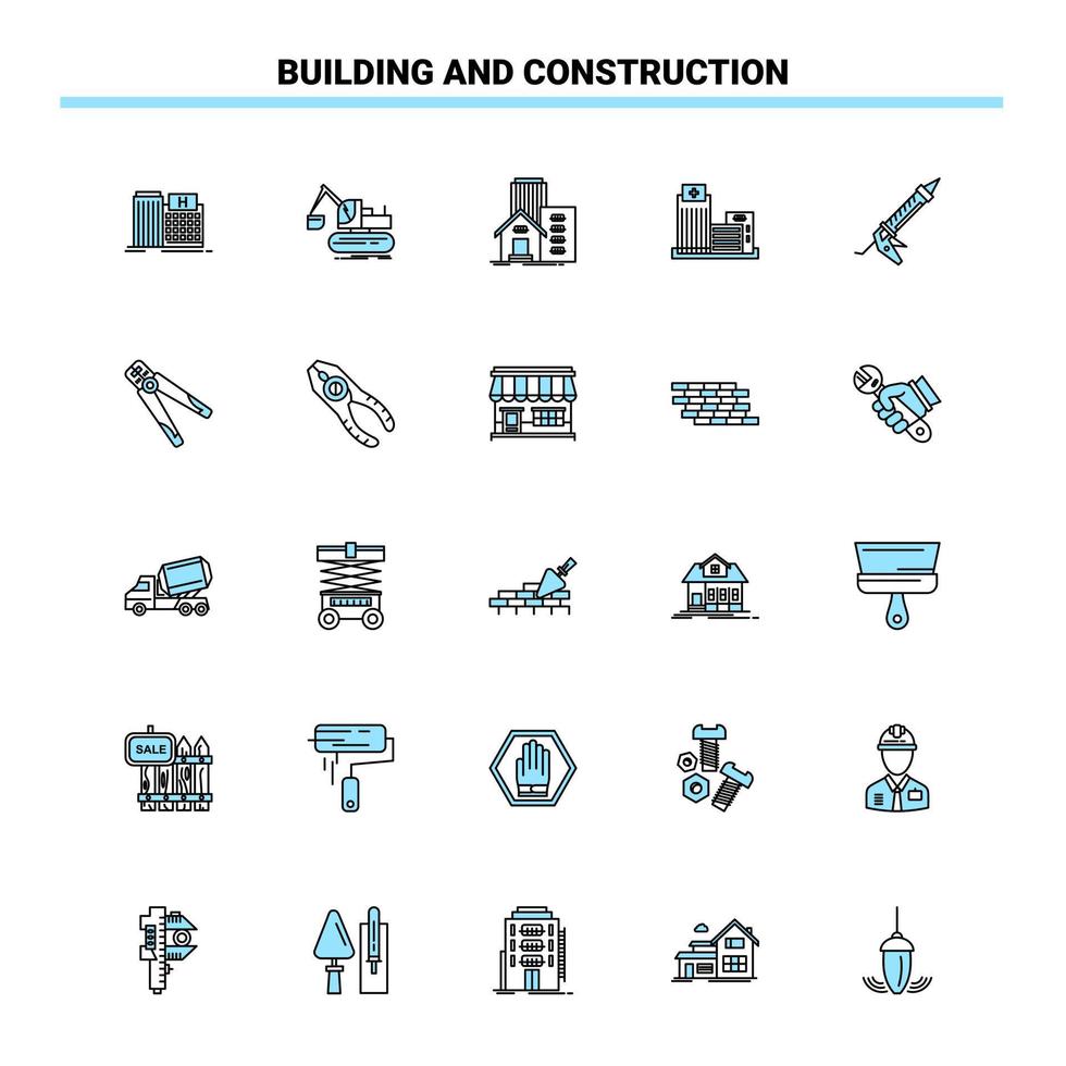 25 bâtiment et construction jeu d'icônes noir et bleu création d'icônes et modèle de logo vecteur