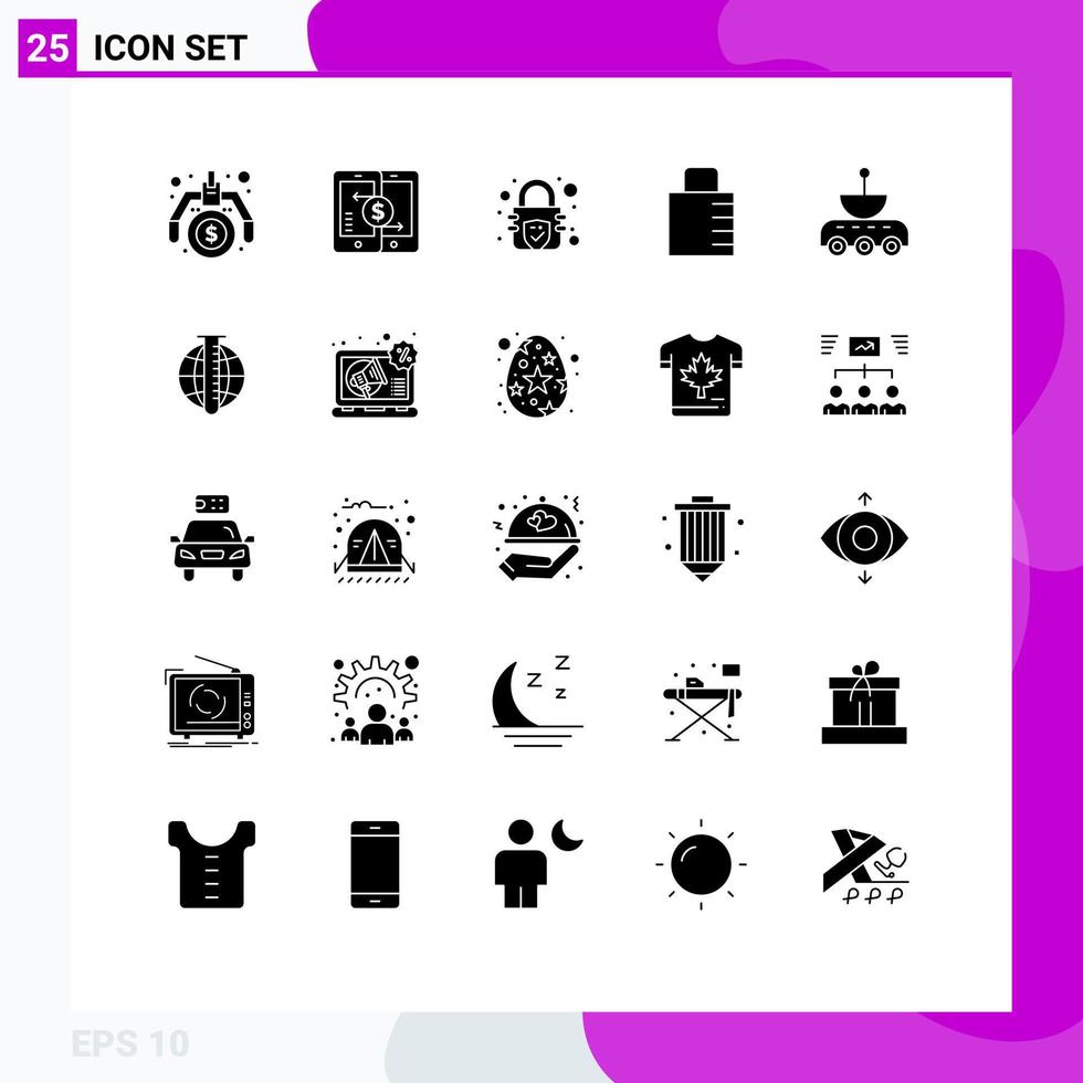 ensemble de pictogrammes de 25 glyphes solides simples de smartphone de sécurité par satellite protéger les éléments de conception vectoriels modifiables clés vecteur
