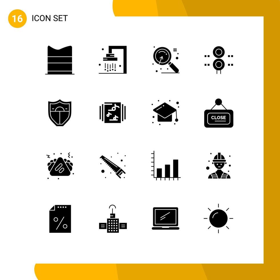 pack de lignes vectorielles modifiables de 16 glyphes solides simples de train de bouclier magnifier les éléments de conception vectoriels modifiables des panneaux de signalisation vecteur