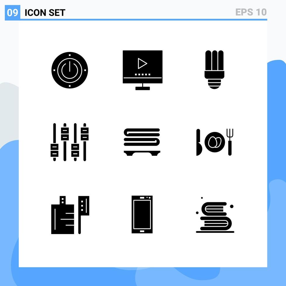 interface mobile glyphe solide ensemble de 9 pictogrammes de serviettes volume égaliseur audio vidéo éléments de conception vectoriels modifiables vecteur