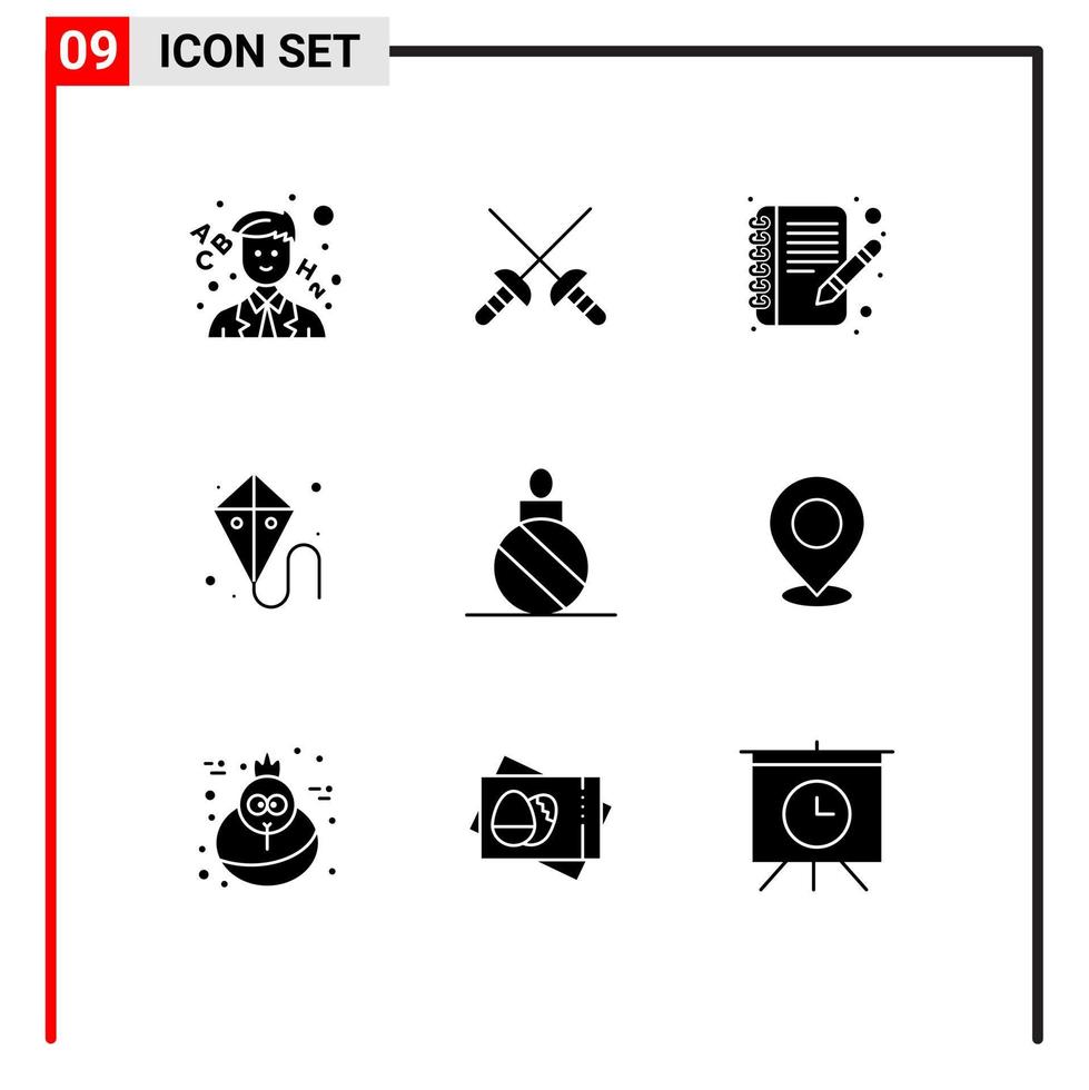 interface mobile glyphe solide ensemble de 9 pictogrammes d'emplacement boule de noël écrire noël mardi gras éléments de conception vectoriels modifiables vecteur