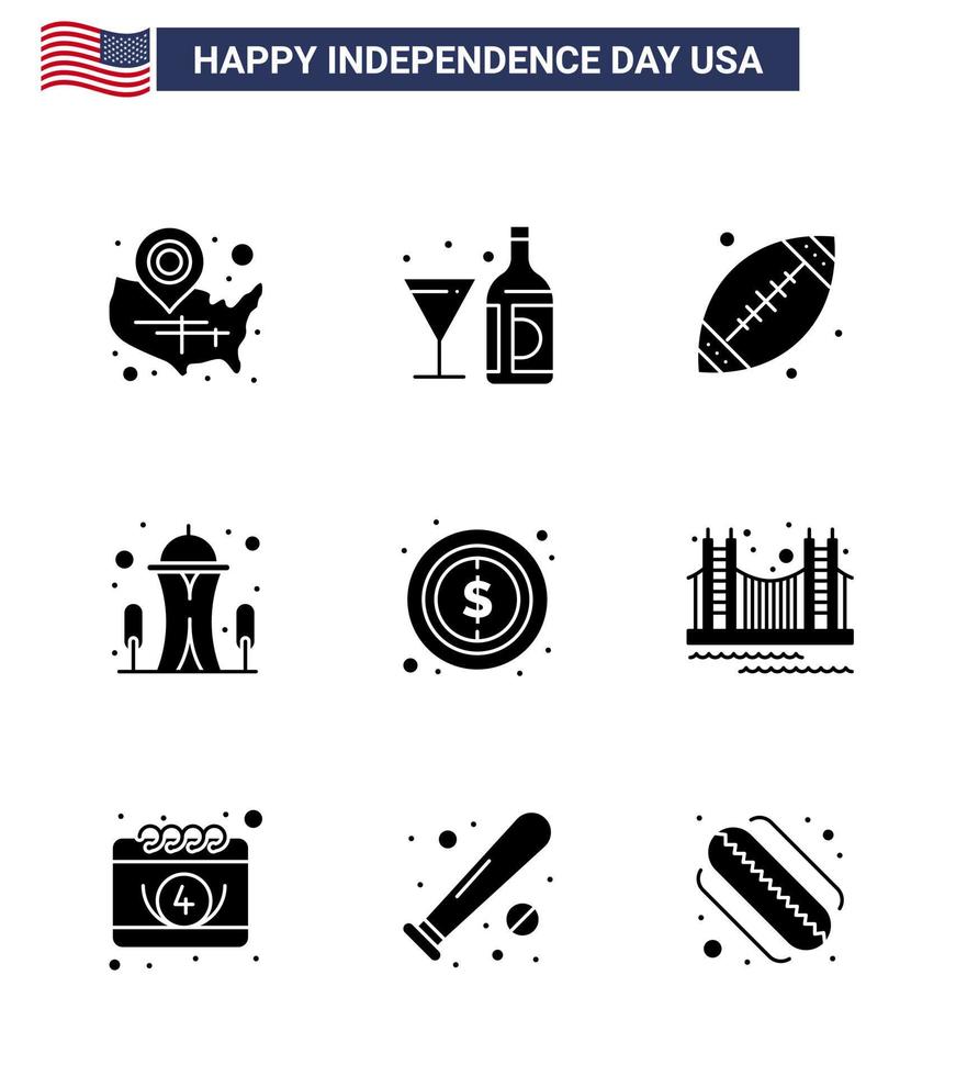 9 signes de glyphes solides pour la fête de l'indépendance des états-unis vecteur