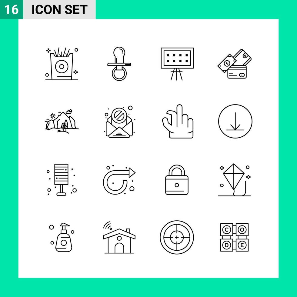 pack de 16 icônes de style de ligne définies symboles de contour pour imprimer des signes créatifs isolés sur fond blanc 16 icônes vecteur