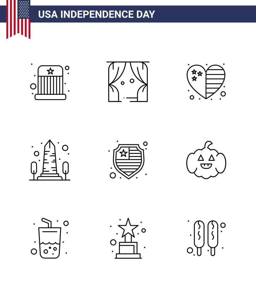 groupe de 9 lignes définies pour le jour de l'indépendance des états-unis d'amérique tels que les états-unis américains coeur vue repère modifiable usa day vector design elements