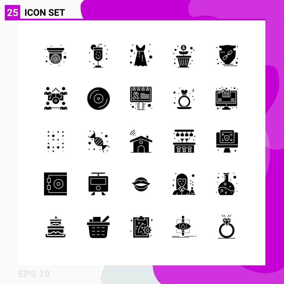 25 ensembles de glyphes solides universels pour les applications web et mobiles protègent les éléments de conception vectoriels modifiables de l'argent de la redingote vecteur