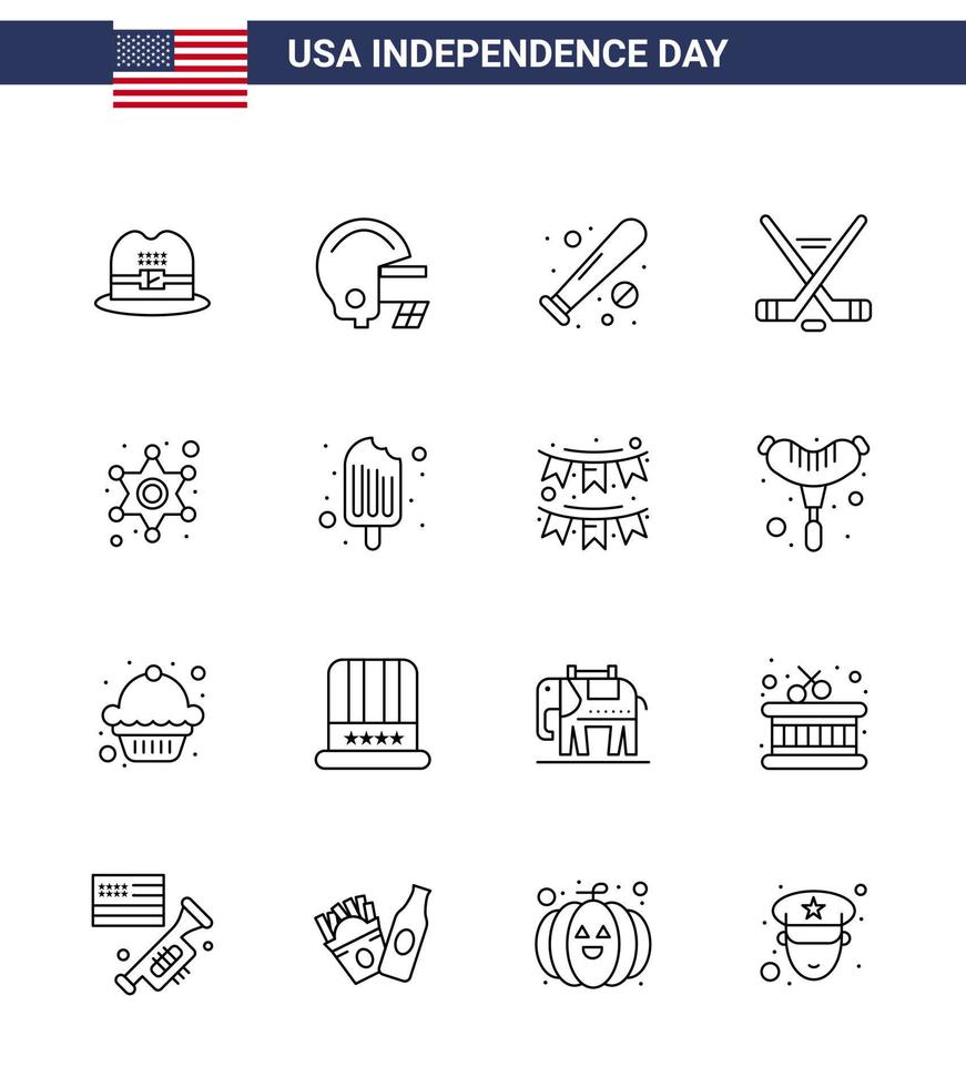 16 usa line pack de signes et symboles de la fête de l'indépendance des hommes étoiles bat american ice sport modifiables usa day vector design elements