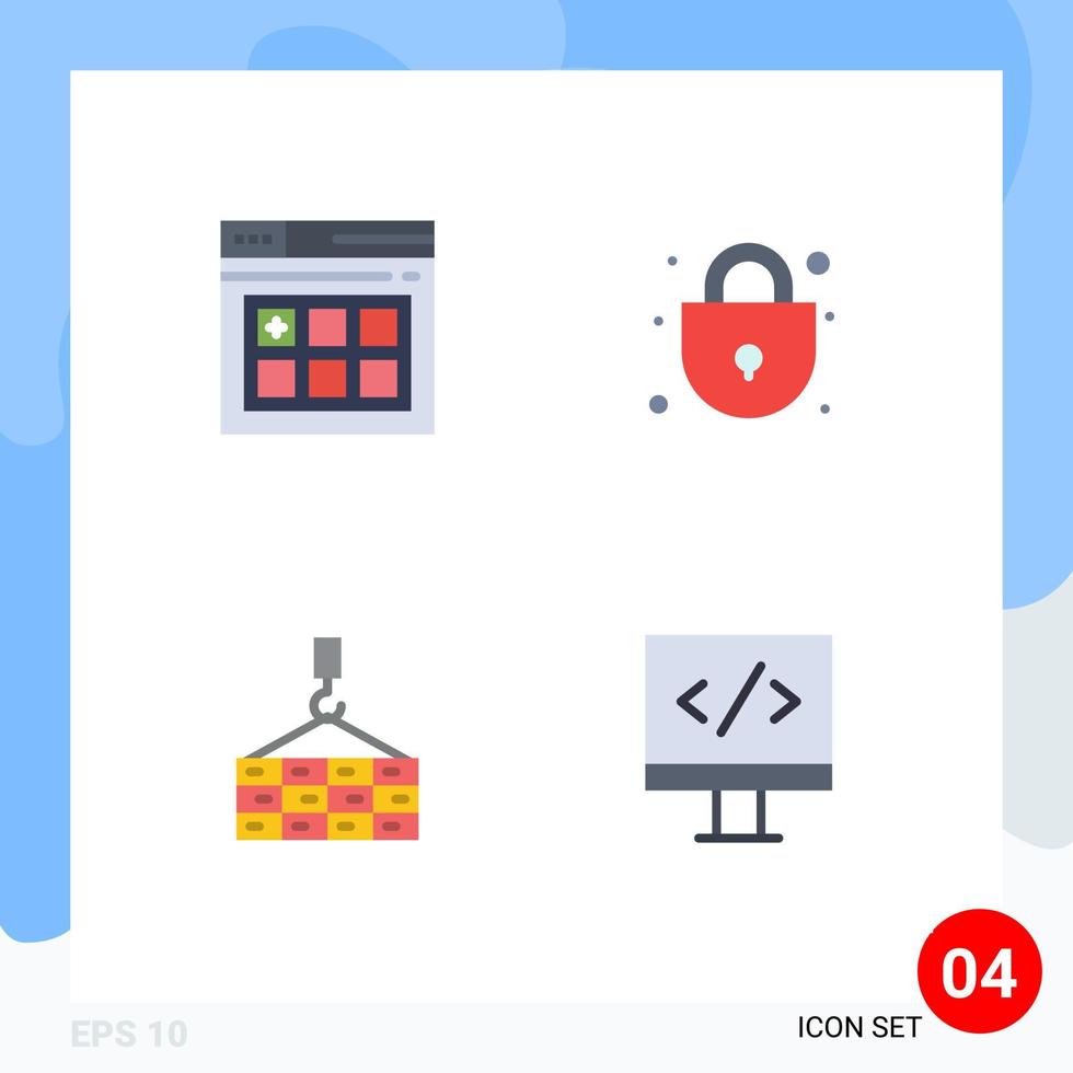 interface mobile icône plate ensemble de 4 pictogrammes d'éléments de conception vectoriels modifiables de moniteur de construction de serrure de grue web vecteur