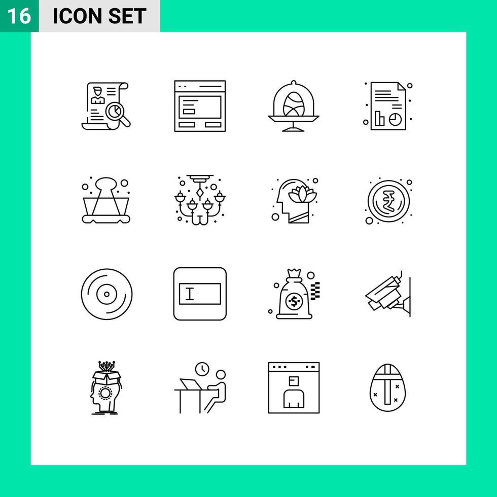 ensemble de pictogrammes de 16 contours simples d'éléments de conception vectoriels modifiables d'interface de rapport de clip alimentaire médical vecteur