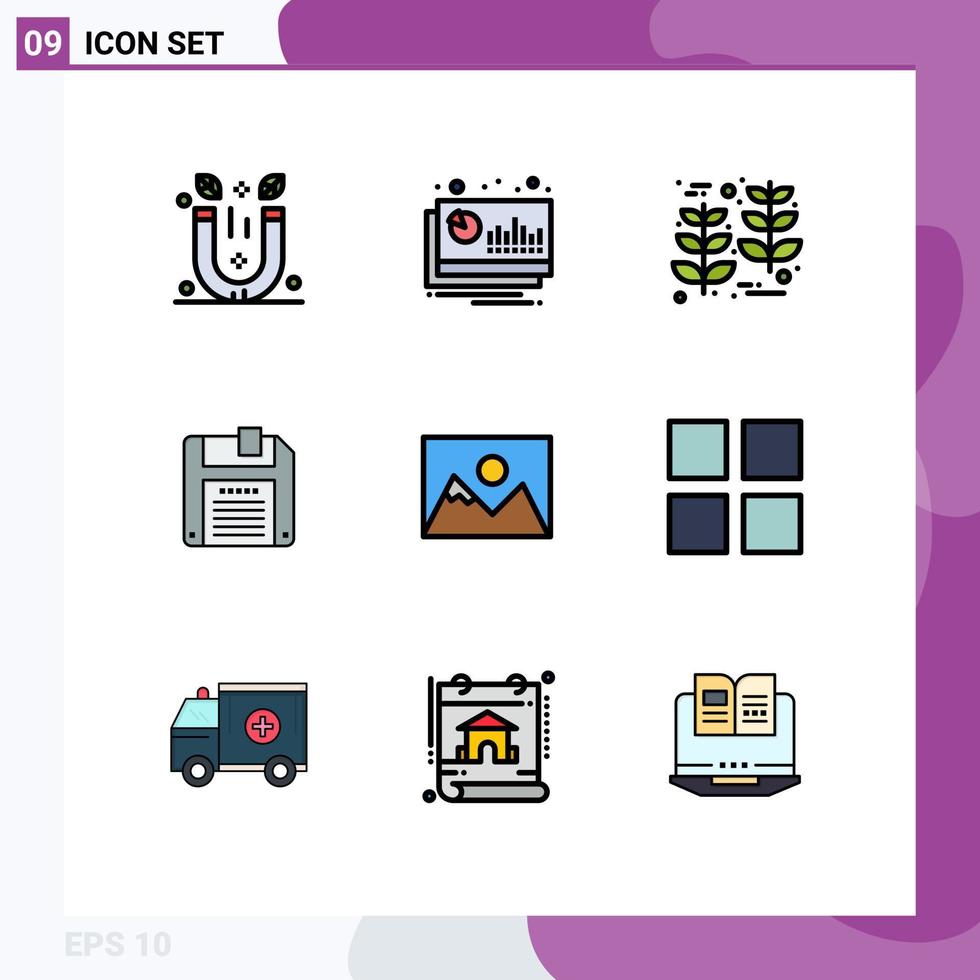 9 concept de couleur plate fillline pour sites Web mobiles et applications photo enregistrer prévision disquette blé éléments de conception vectoriels modifiables vecteur