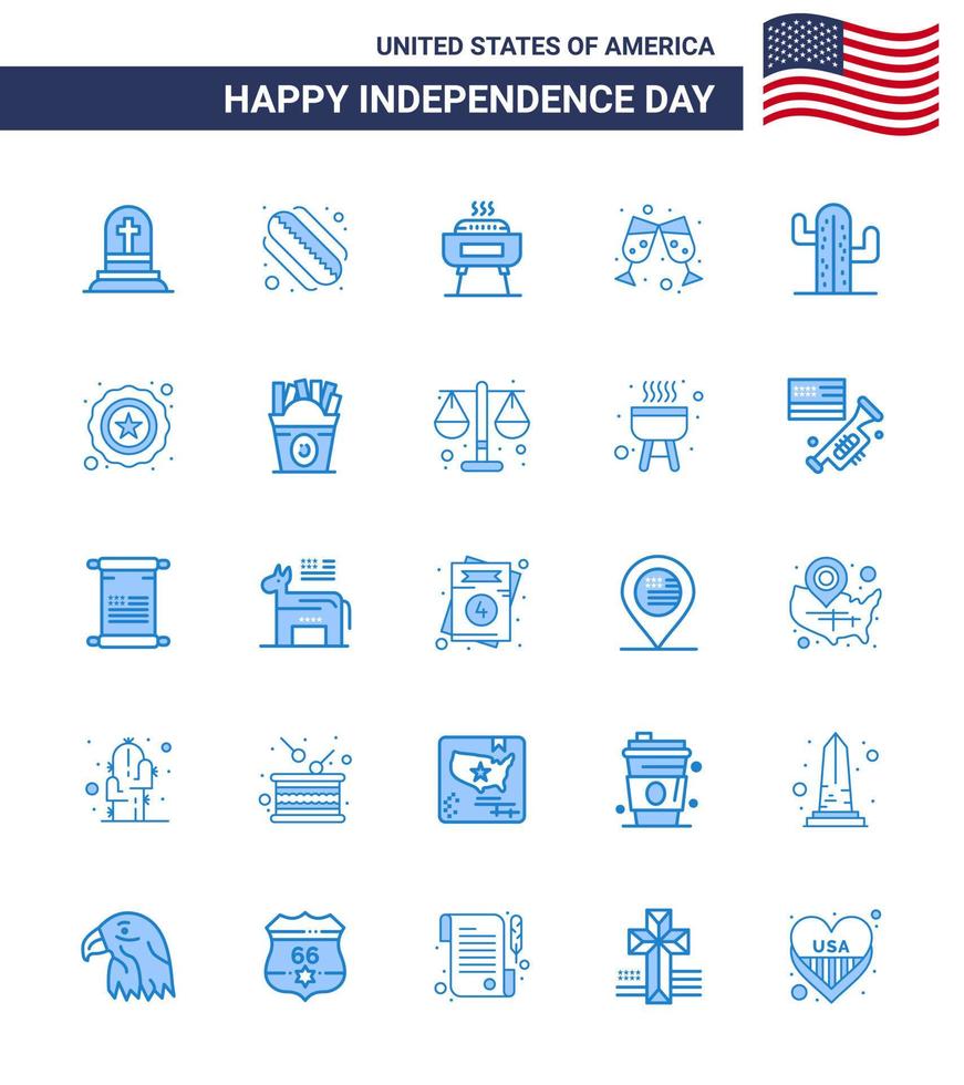 joyeux jour de l'indépendance 4 juillet ensemble de 25 pictogrammes américains de blues américain usa célébration cactus vin modifiable usa day vector design elements