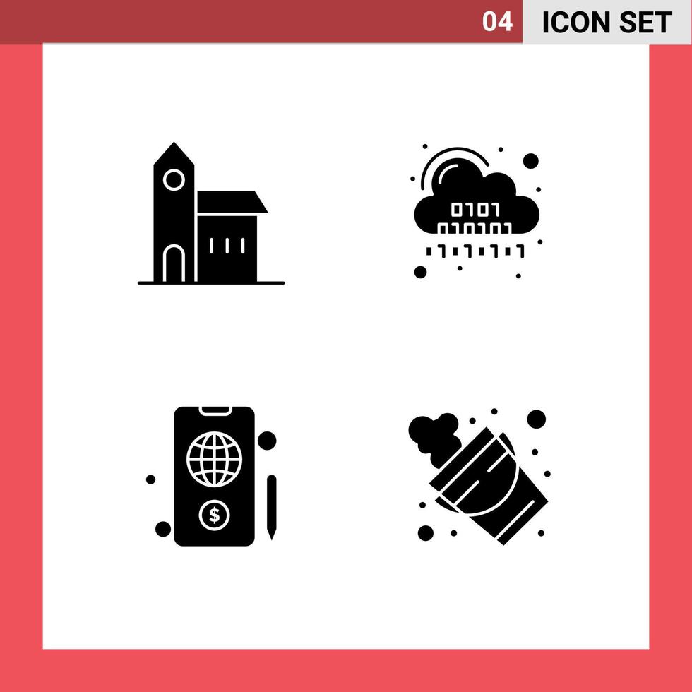 4 concept de glyphe solide pour les sites Web mobiles et applications bâtiment serveur historique cloud globe éléments de conception vectoriels modifiables vecteur