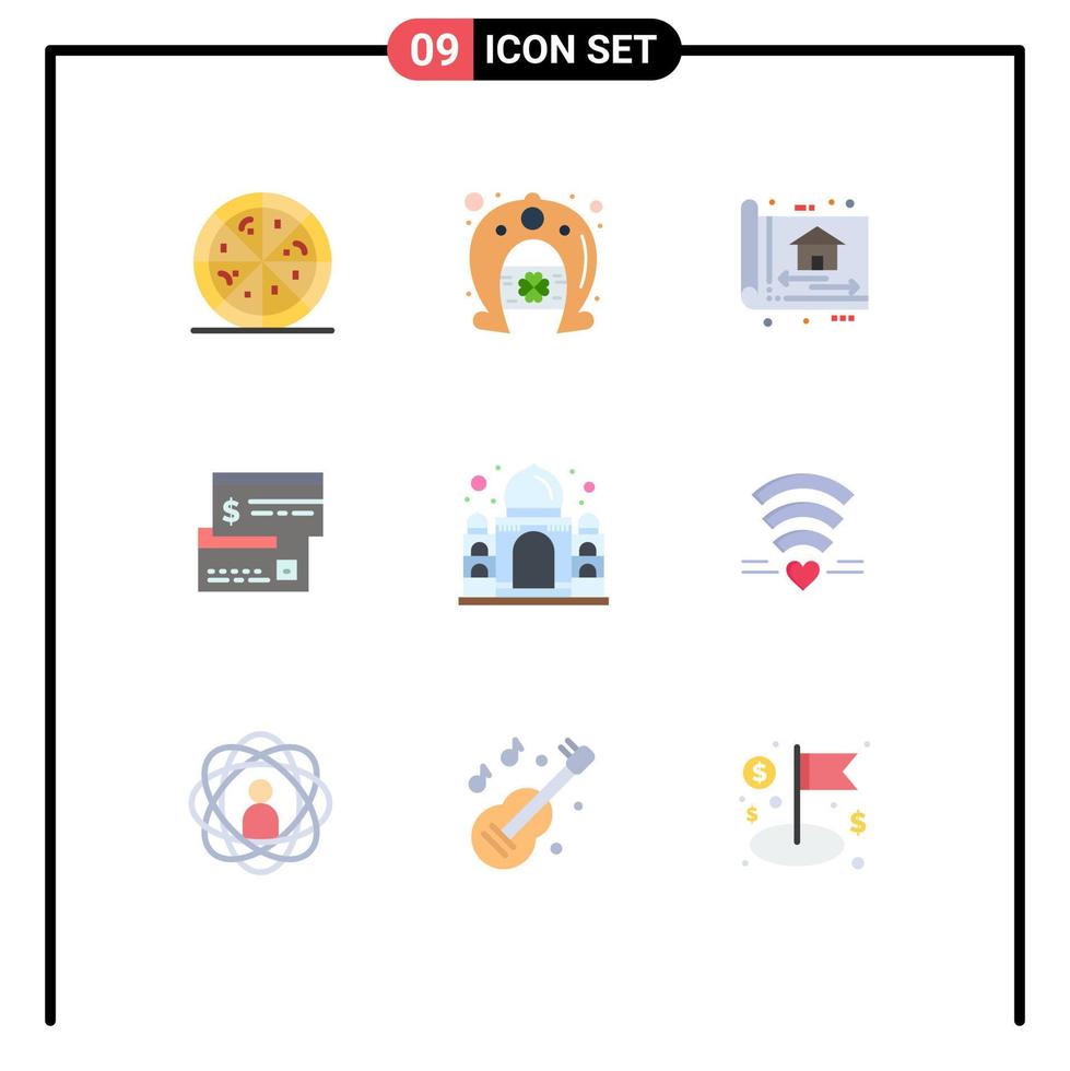symboles d'icônes universelles groupe de 9 couleurs plates modernes d'éléments de conception vectoriels modifiables par carte de débit de construction directe mahal vecteur