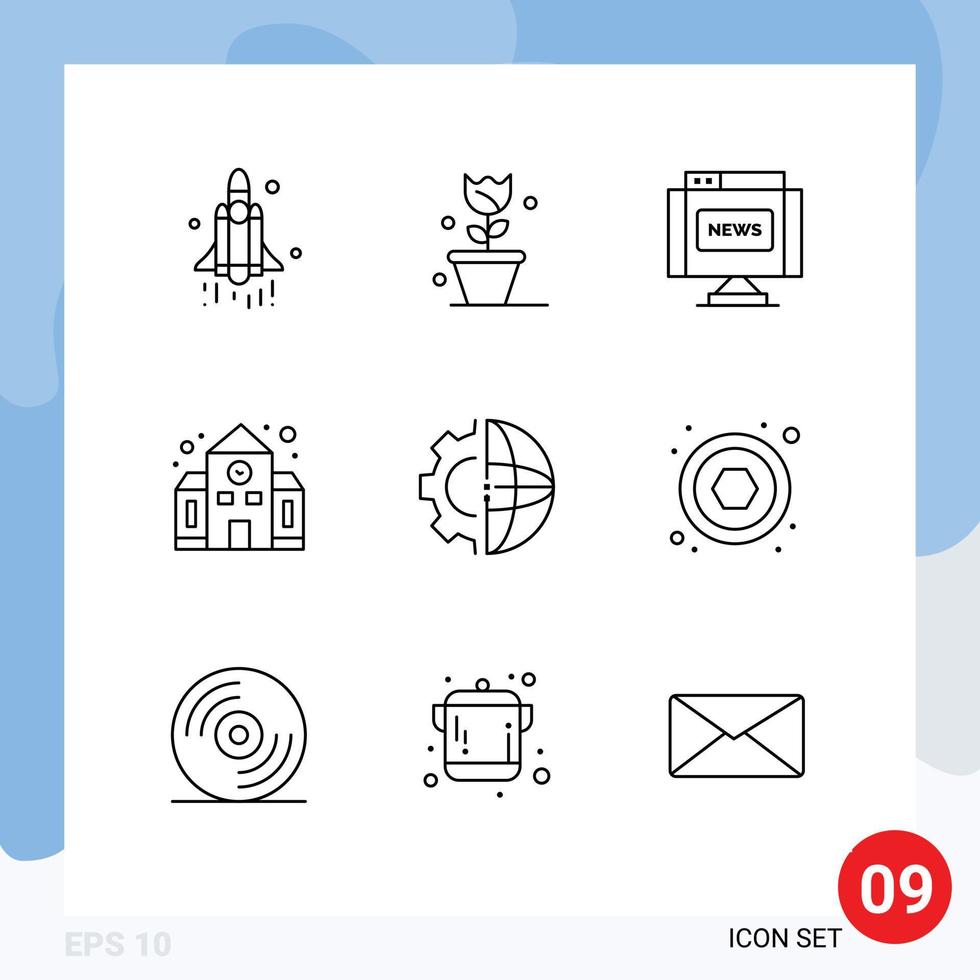 ensemble de pictogrammes de 9 contours simples d'équipement de retour à l'école bâtiment de communication scolaire éléments de conception vectoriels modifiables vecteur