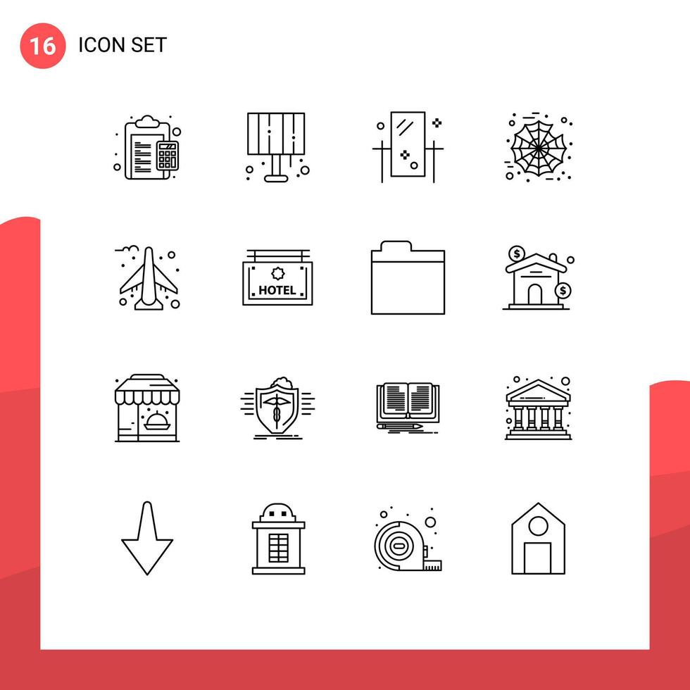symboles d'icônes universels groupe de 16 contours modernes d'araignée d'avion maison lumière halloween miroir éléments de conception vectoriels modifiables vecteur