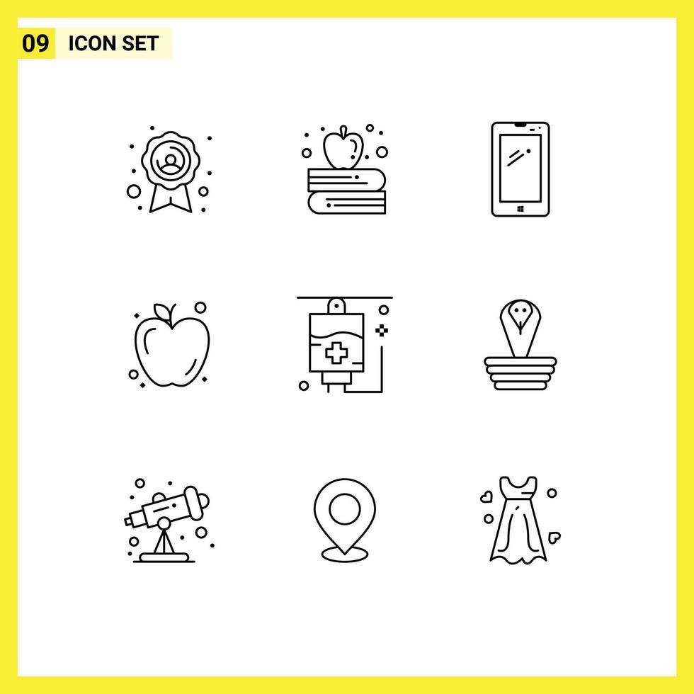 contour de l'interface mobile ensemble de 9 pictogrammes d'éléments de conception vectoriels modifiables de nourriture de santé mobile d'hôpital pour animaux vecteur