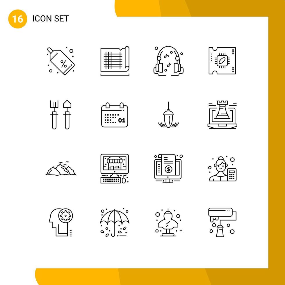 16 signes de contour universels symboles de râteau jardin écouteurs processeur puce micropuce éléments de conception vectoriels modifiables vecteur