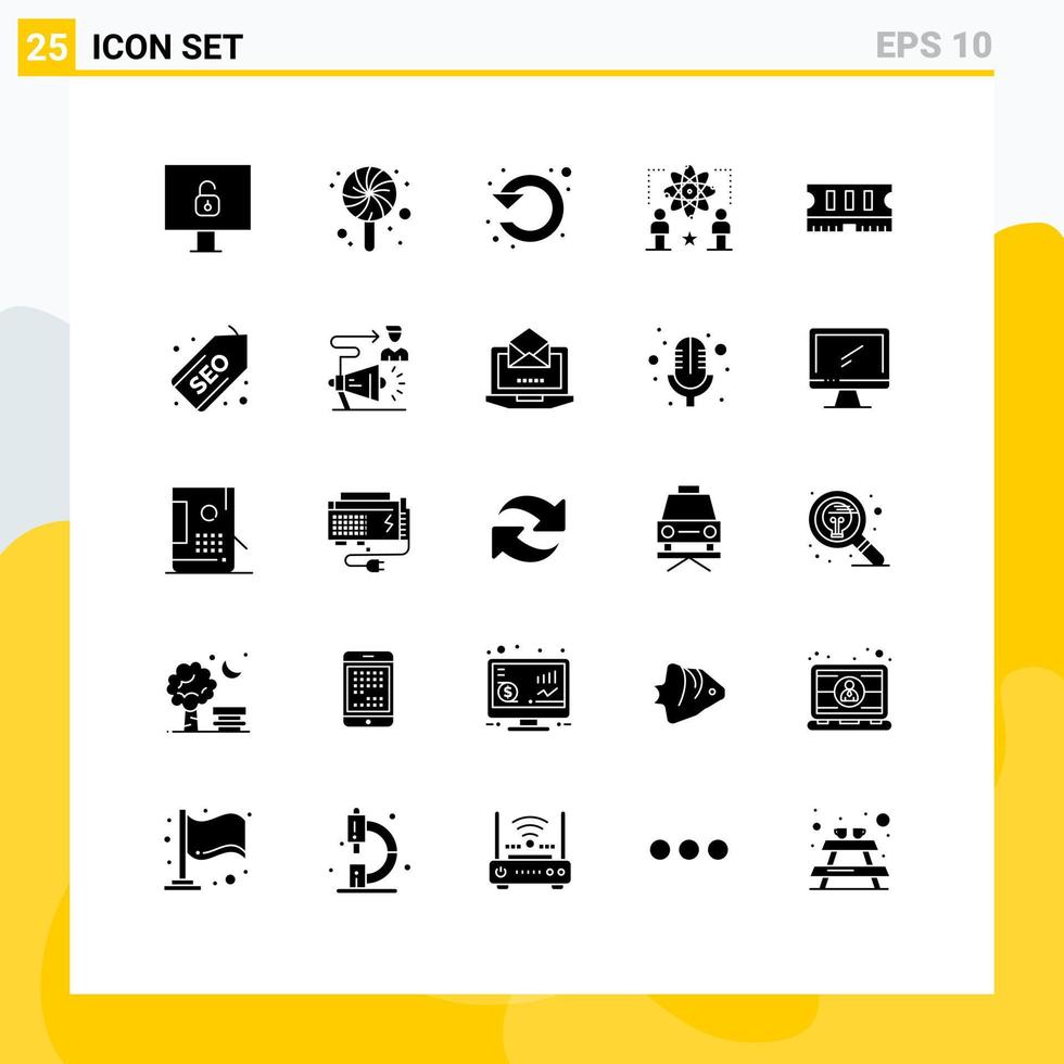 interface mobile ensemble de glyphes solides de 25 pictogrammes d'éléments de conception vectoriels modifiables de la physique de l'homme gauche de l'atome de mémoire vecteur