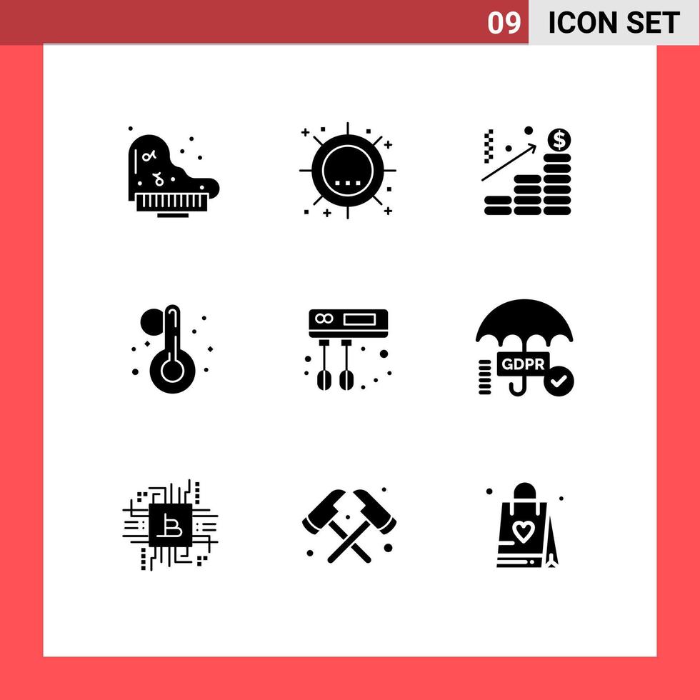 9 concept de glyphe solide pour les sites Web mobiles et applications mixeur cuisinier analyse thermomètre été éléments de conception vectoriels modifiables vecteur