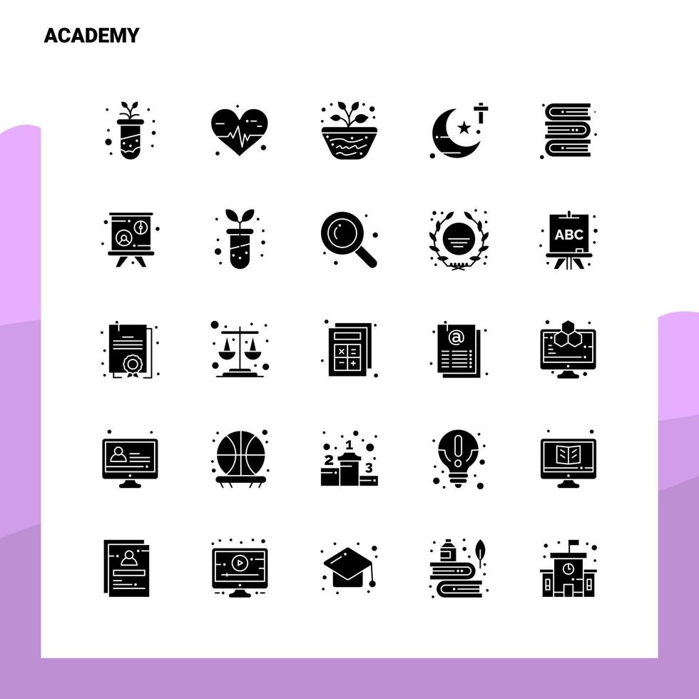 25 academy icon set solide glyphe icône illustration vectorielle modèle pour les idées web et mobiles pour entreprise vecteur