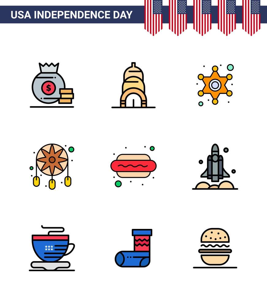 usa independance day plat rempli ligne ensemble de 9 pictogrammes usa de nourriture hot dog police décoration occidentale modifiable usa day vector design elements