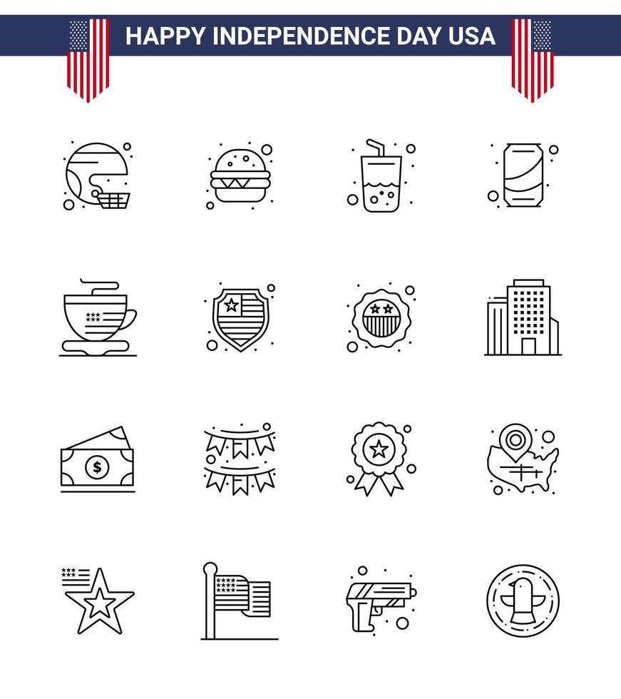 joyeux jour de l'indépendance 4 juillet ensemble de 16 lignes pictogramme américain de thé soda repas can cola modifiable usa day vector design elements