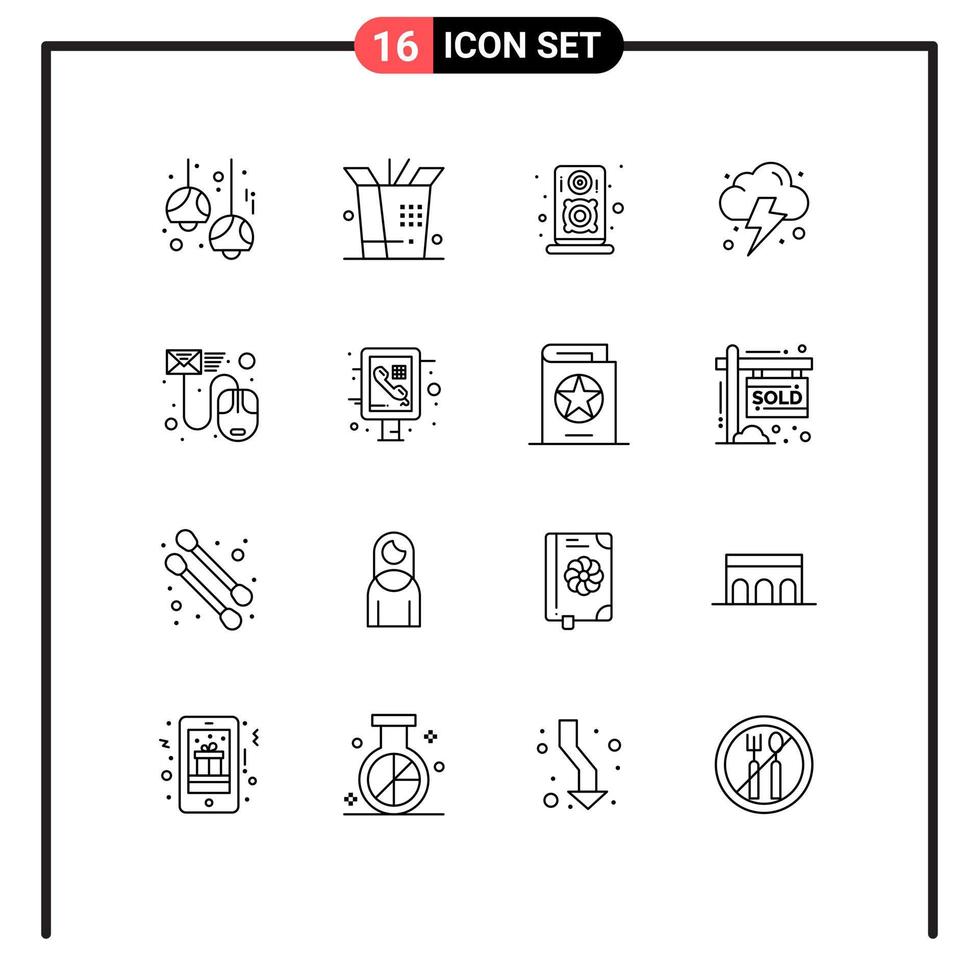pack d'icônes vectorielles stock de 16 signes et symboles de ligne pour les éléments de conception vectoriels modifiables de puissance de haut-parleur de fichier de courrier électronique vecteur