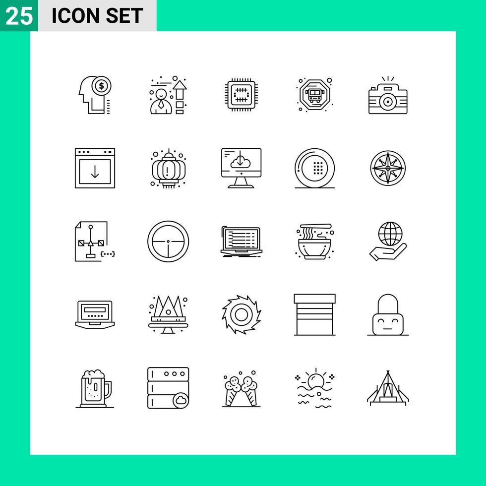 groupe de 25 lignes signes et symboles pour image photo tech photographie transport en commun éléments de conception vectoriels modifiables vecteur