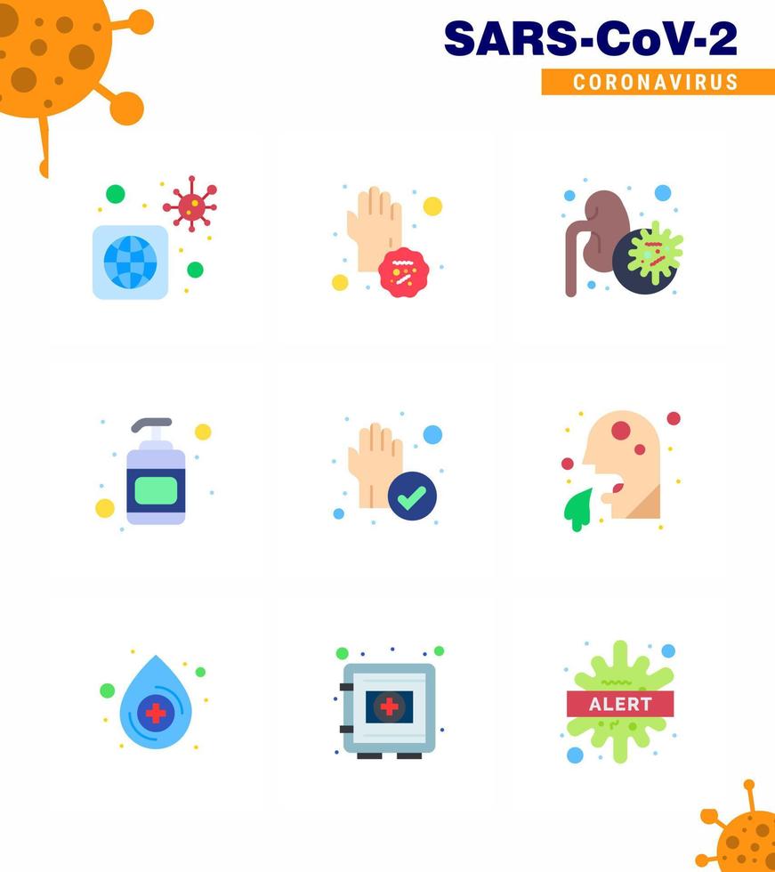 9 illustrations vectorielles pandémiques de virus corona de couleur plate protègent les mains du désinfectant virus du désinfectant pour les mains coronavirus viral 2019nov éléments de conception de vecteur de maladie