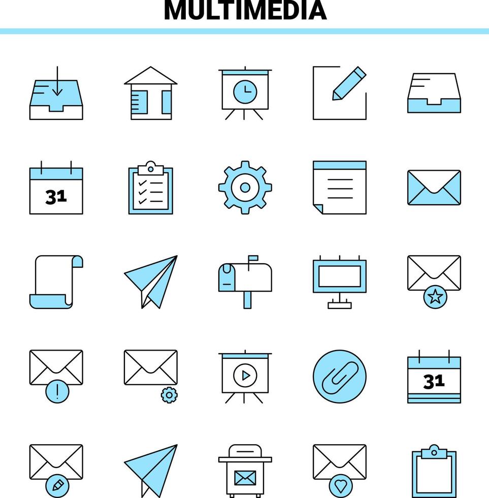 25 icônes multimédia noir et bleu définies conception d'icônes créatives et modèle de logo vecteur