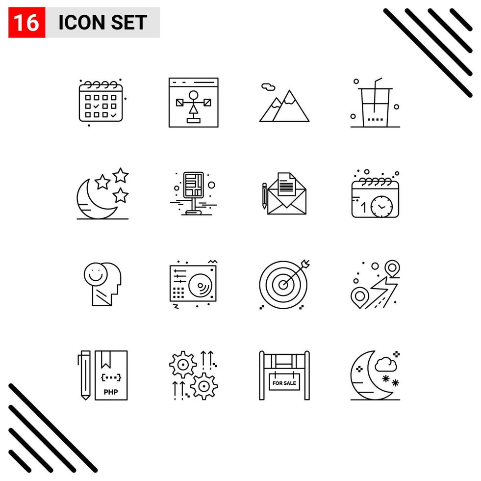 16 ensemble de contours d'interface utilisateur de signes et symboles modernes du croissant de nuit camping shopping nourriture éléments de conception vectoriels modifiables vecteur