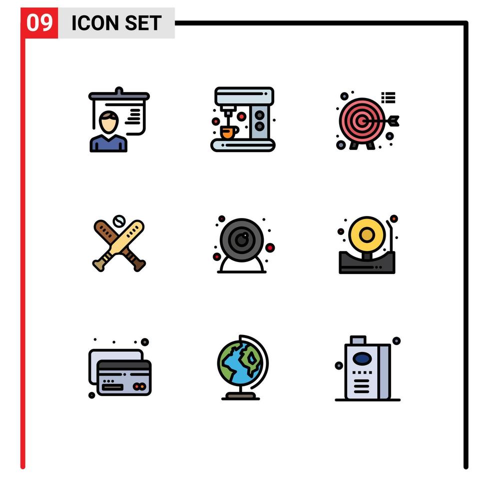 groupe de 9 signes et symboles de couleurs plates remplies pour les buts de la caméra web chauves-souris baseball éléments de conception vectoriels modifiables vecteur