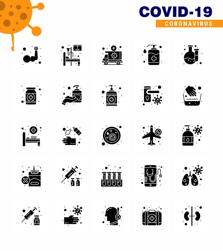 icône de sensibilisation au coronavirus 25 icônes de glyphes solides icône incluse savon salle à main bouteille transport coronavirus viral 2019nov éléments de conception de vecteur de maladie