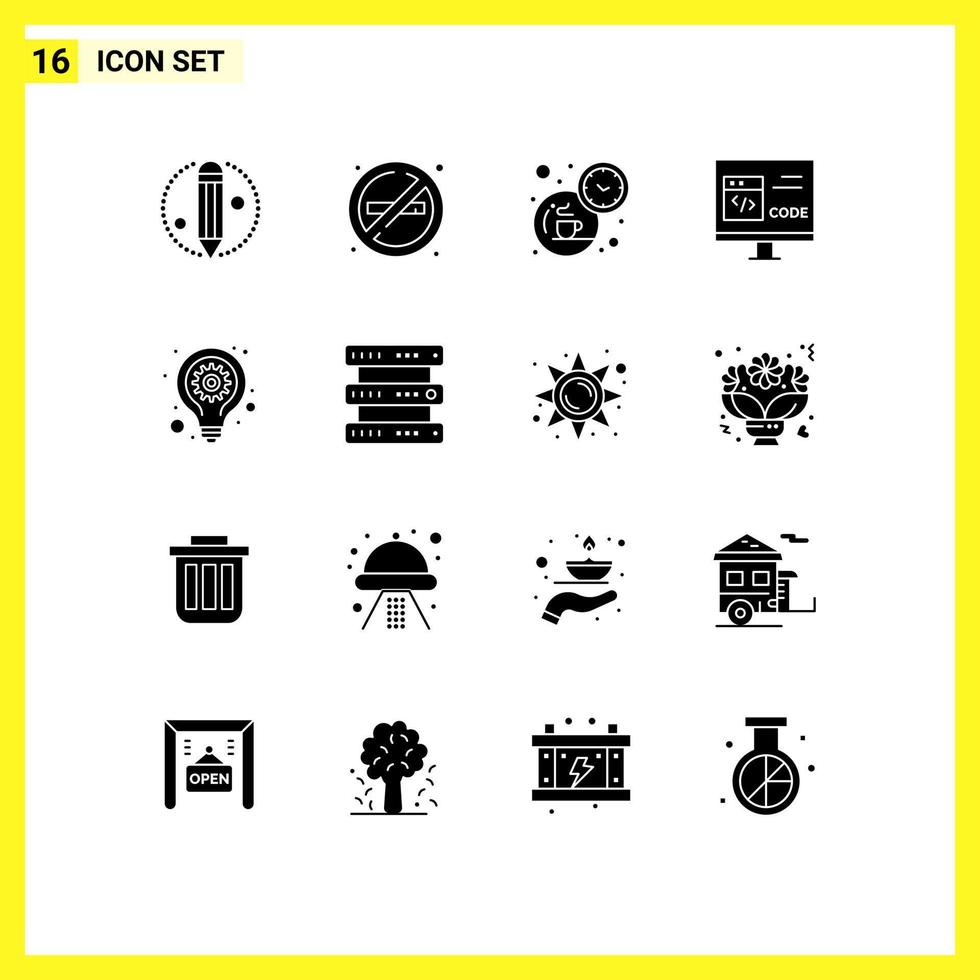 pack de 16 glyphes solides créatifs de café de développement d'idées développer des éléments de conception vectoriels modifiables de code vecteur