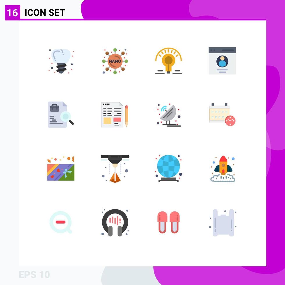 paquet de couleur plat de 16 symboles universels d'emplois document profil de travailleur ampoule pack modifiable d'éléments de conception de vecteur créatif