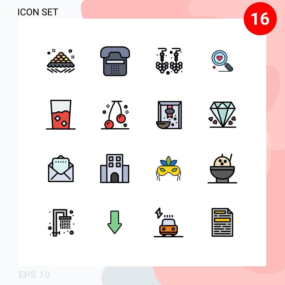 interface mobile ligne remplie de couleurs plates ensemble de 16 pictogrammes de et appareil cardiaque bijoux d'amour éléments de conception vectoriels créatifs modifiables vecteur